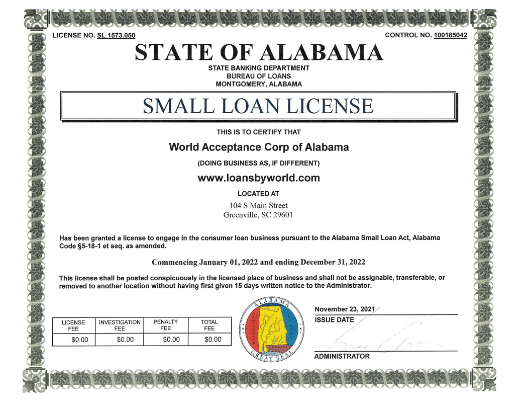 2022 Alabama Small Loan License 